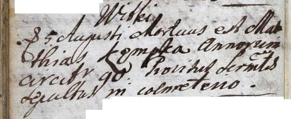 Latin entry in a parish register of 1737 recording the death of Maciej Kępka of Witki, with his age given as about ninety.