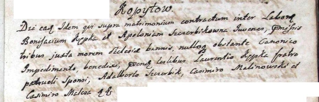Latin entry in a parish register of 1766 recording the marriage of Bonifacy Kępka and Apolonia Szczerbik at Kopytów, with the witnesses named beneath.