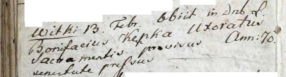 Latin entry in a parish register recording the death of Bonifacy Kępka of Witki on 13 February at an estimated age of seventy.
